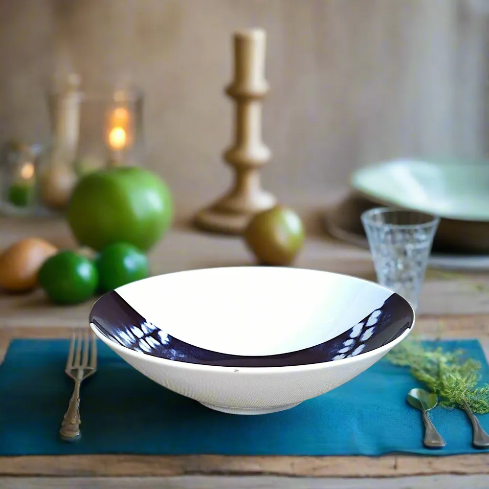 Gifts - Indigo Splendor: Set of 6 Customizable French Porcelain Plates with Unique African Ethnic Motifs - KEMI HOME ART