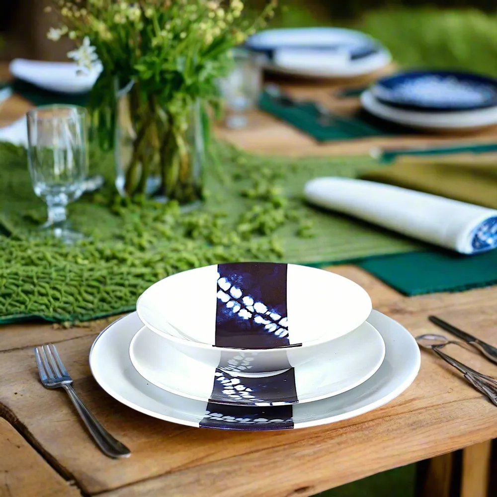 Gifts - Indigo Splendor: Set of 6 Customizable French Porcelain Plates with Unique African Ethnic Motifs - KEMI HOME ART