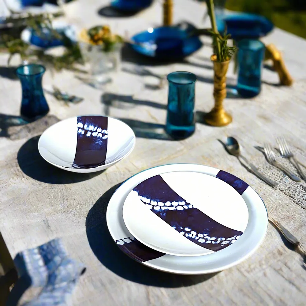 Gifts - Indigo Splendor: Set of 6 Customizable French Porcelain Plates with Unique African Ethnic Motifs - KEMI HOME ART