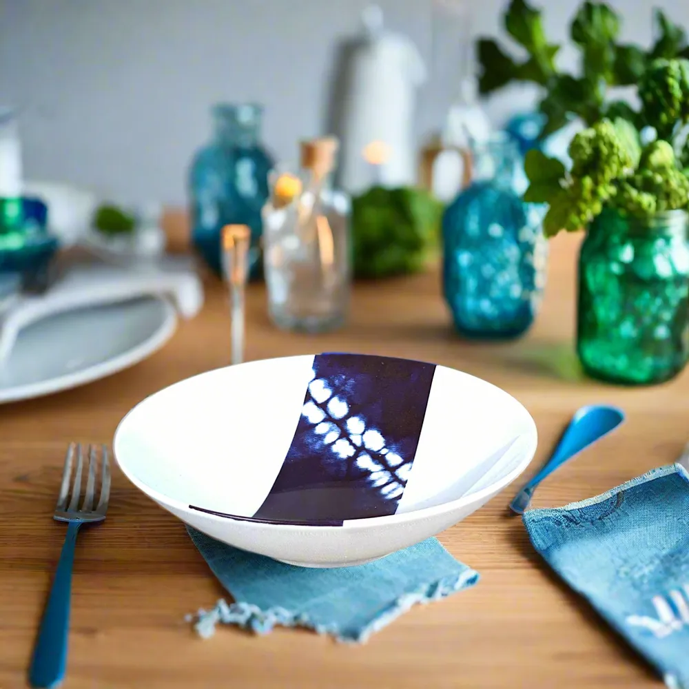 Gifts - Indigo Splendor: Set of 6 Customizable French Porcelain Plates with Unique African Ethnic Motifs - KEMI HOME ART