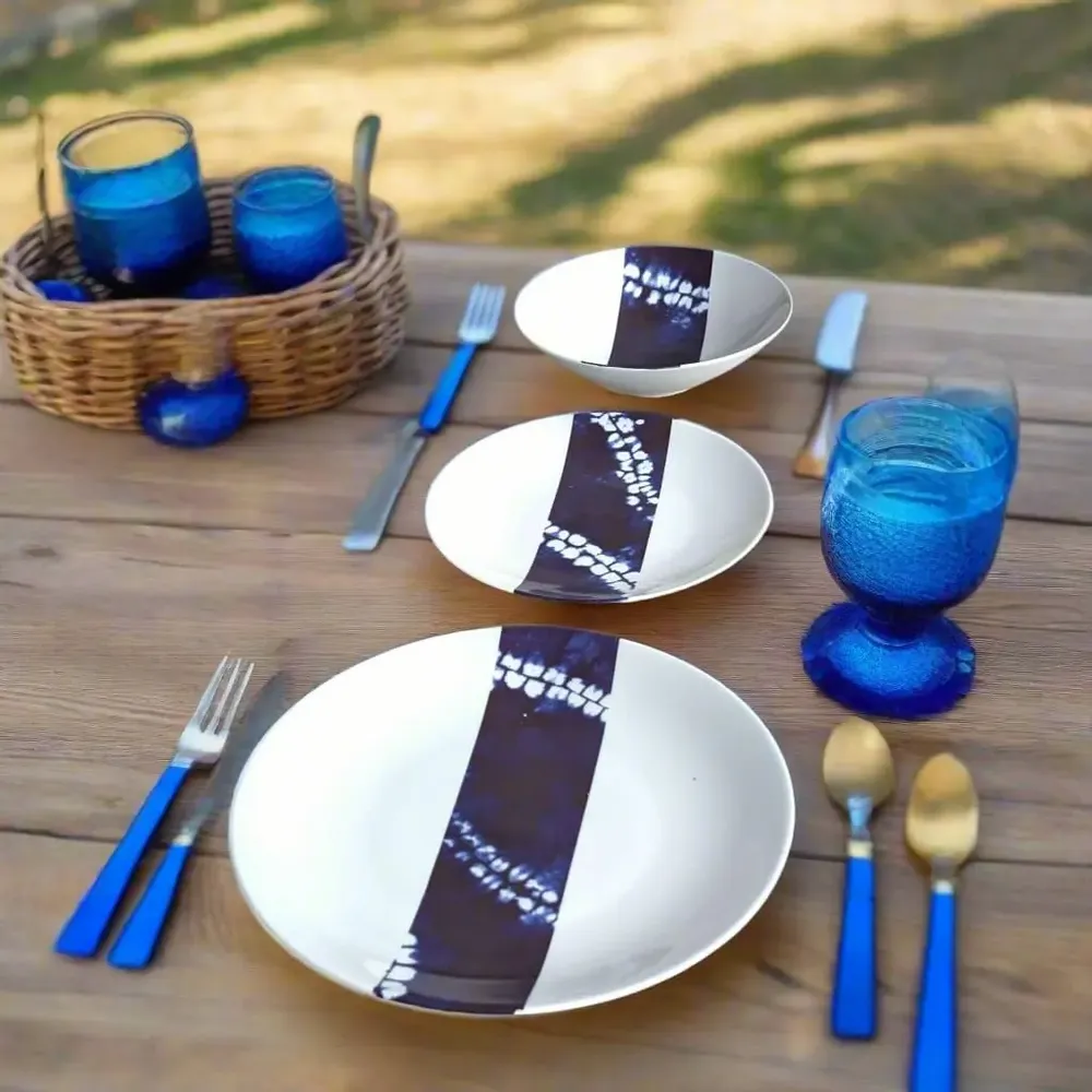Gifts - Indigo Splendor: Set of 6 Customizable French Porcelain Plates with Unique African Ethnic Motifs - KEMI HOME ART