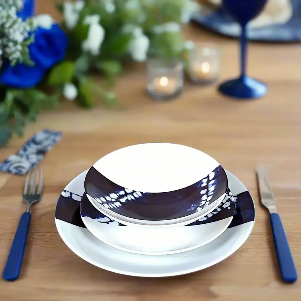 Gifts - Indigo Splendor: Set of 6 Customizable French Porcelain Plates with Unique African Ethnic Motifs - KEMI HOME ART