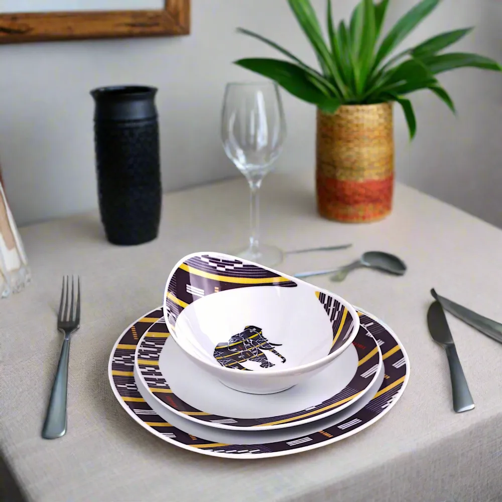 Gifts - Customizable Table Art Set: 6 Oval Fine Porcelain Plates with Baoulé Black & Yellow Motif, Inspired by Ivory Coast - KEMI HOME ART