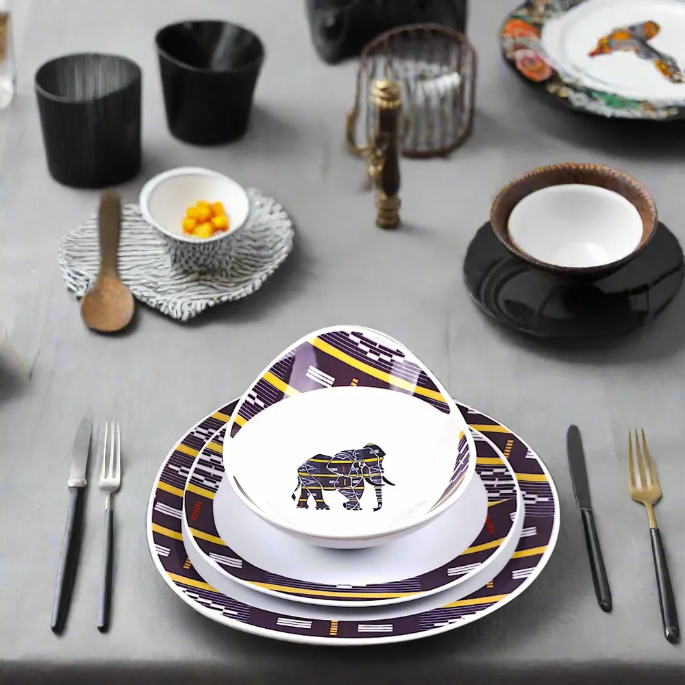 Gifts - Customizable Table Art Set: 6 Oval Fine Porcelain Plates with Baoulé Black & Yellow Motif, Inspired by Ivory Coast - KEMI HOME ART