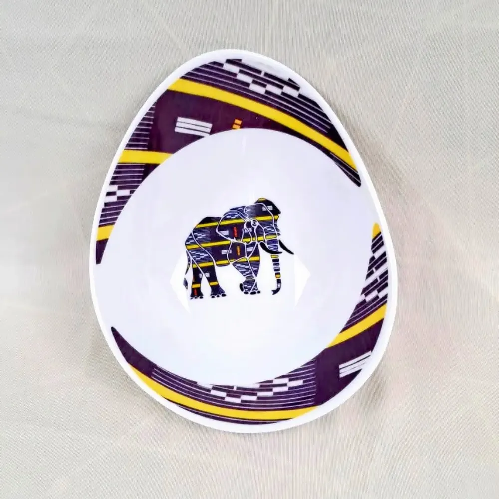 Gifts - Customizable Table Art Set: 6 Oval Fine Porcelain Plates with Baoulé Black & Yellow Motif, Inspired by Ivory Coast - KEMI HOME ART