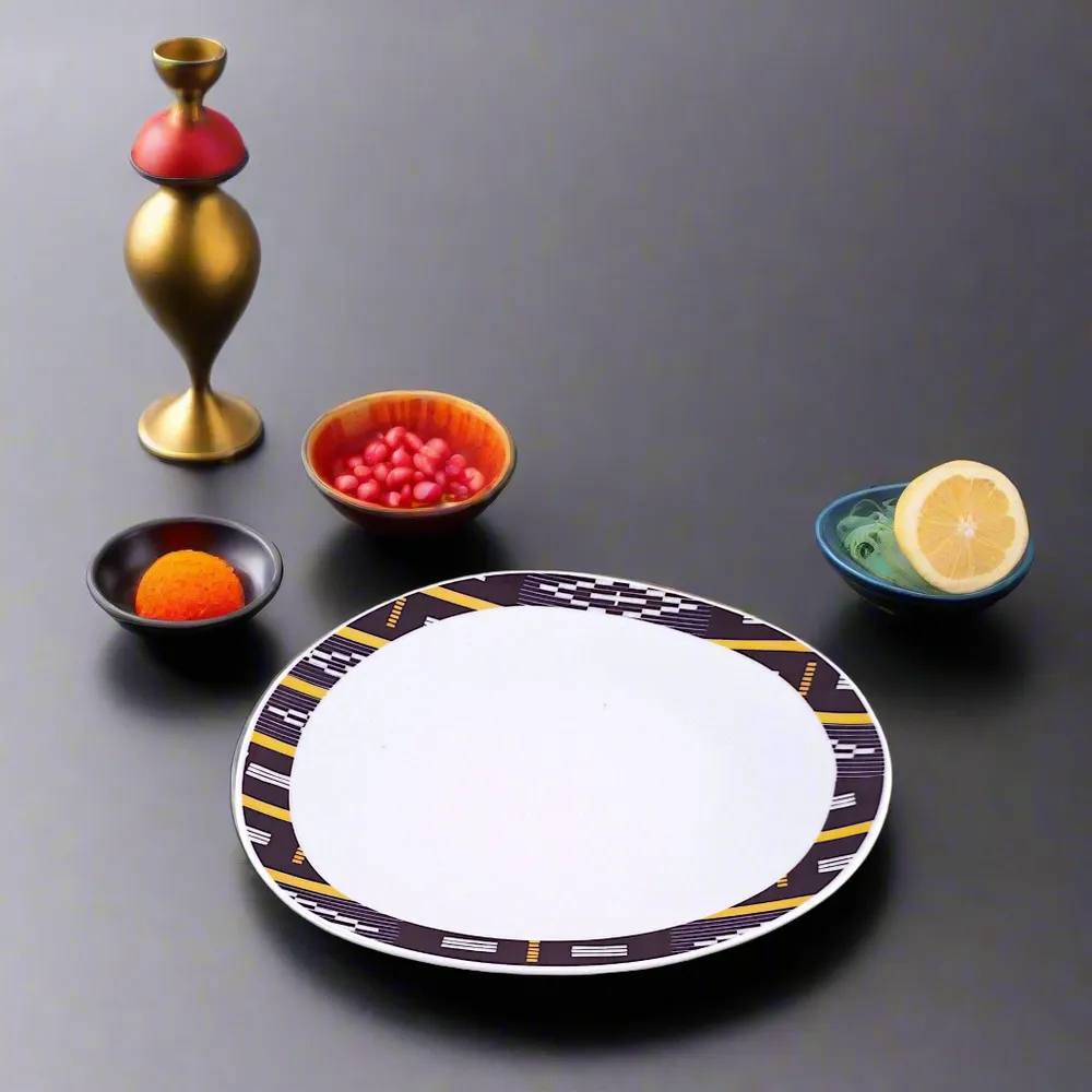 Gifts - Customizable Table Art Set: 6 Oval Fine Porcelain Plates with Baoulé Black & Yellow Motif, Inspired by Ivory Coast - KEMI HOME ART