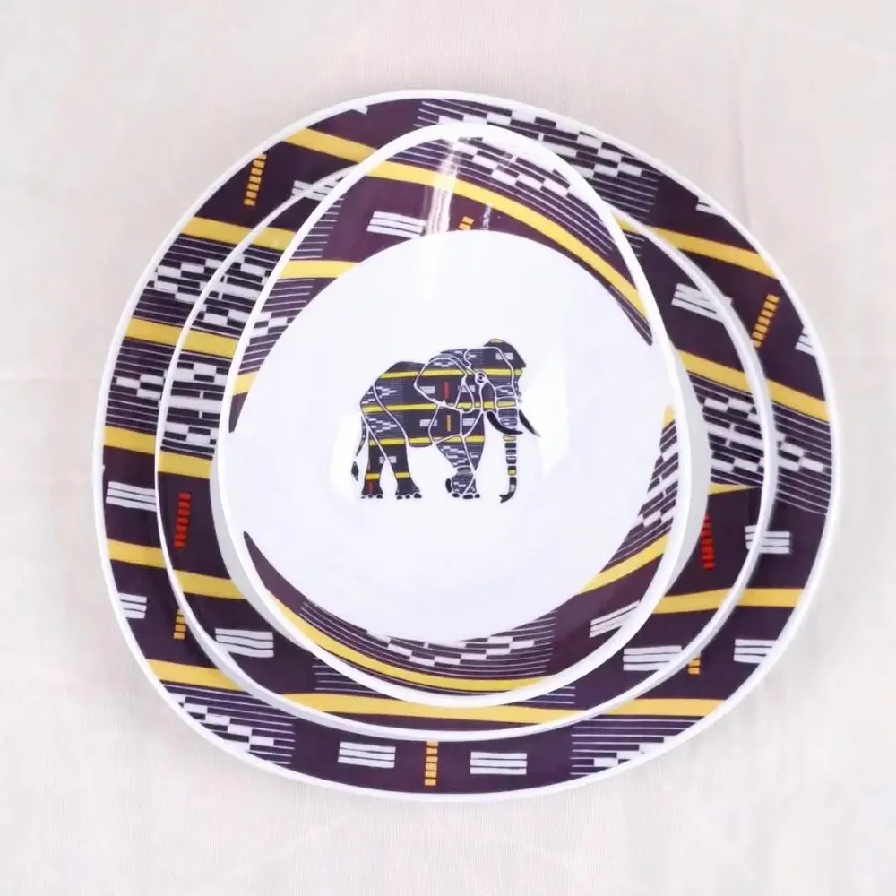 Gifts - Customizable Table Art Set: 6 Oval Fine Porcelain Plates with Baoulé Black & Yellow Motif, Inspired by Ivory Coast - KEMI HOME ART