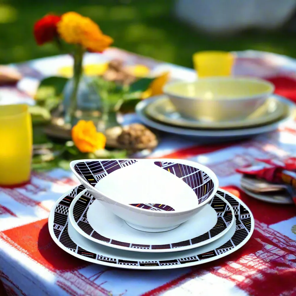 Gifts - Senoufo Elegance: Set of 6 Customizable French Porcelain Oval Plates with Unique Indigo Blue Motif - KEMI HOME ART