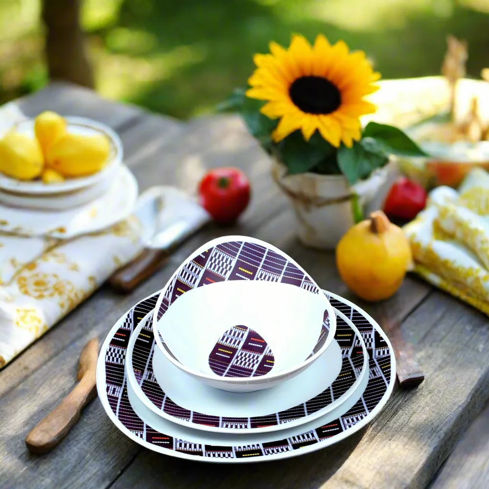 Gifts - Senoufo Elegance: Set of 6 Customizable French Porcelain Oval Plates with Unique Indigo Blue Motif - KEMI HOME ART