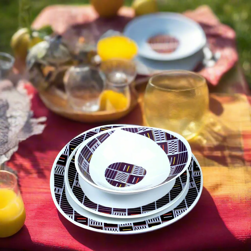 Gifts - Senoufo Elegance: Set of 6 Customizable French Porcelain Oval Plates with Unique Indigo Blue Motif - KEMI HOME ART