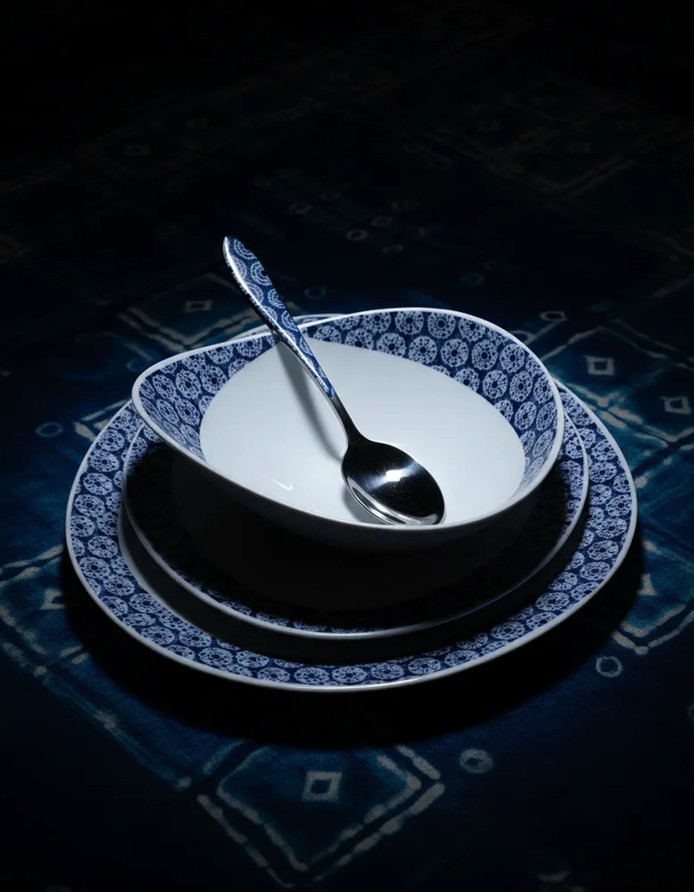 Gifts - Indigo Glow: Set of 6 customizable French porcelain oval plates with unique sun-inspired handcrafted motif - KEMI HOME ART