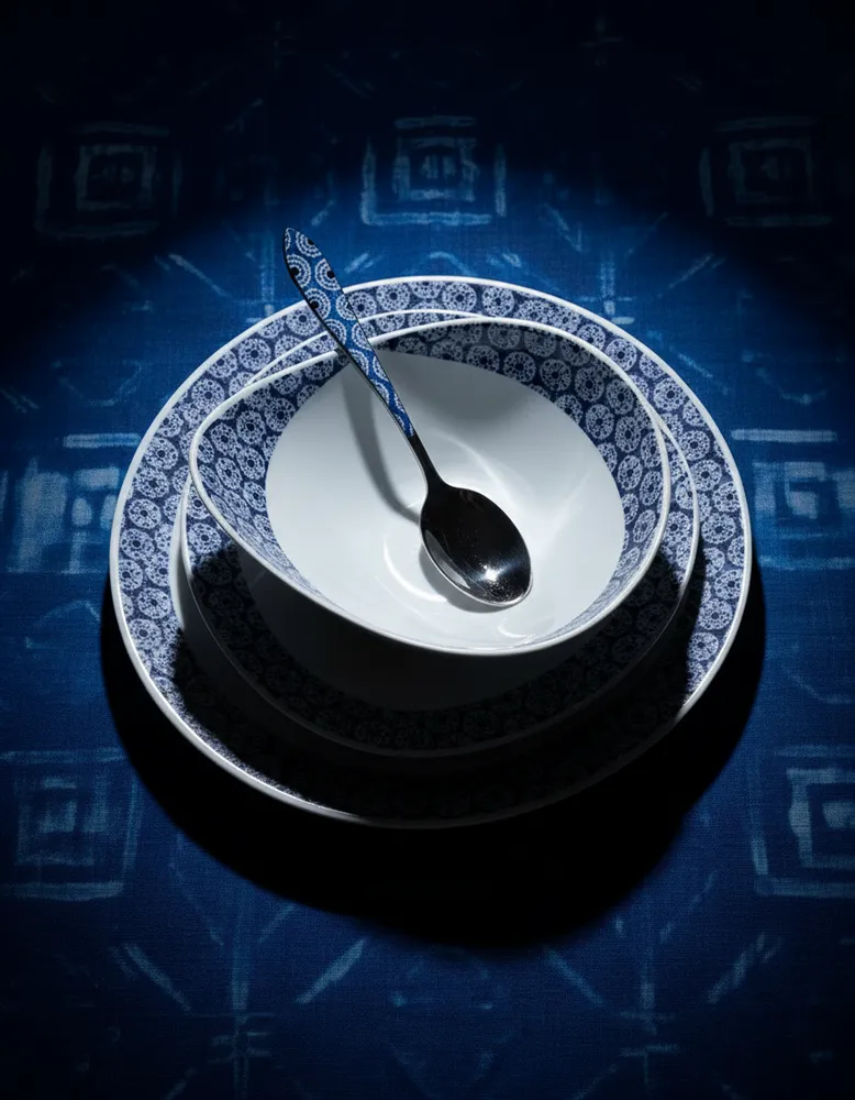 Gifts - Indigo Glow: Set of 6 customizable French porcelain oval plates with unique sun-inspired handcrafted motif - KEMI HOME ART