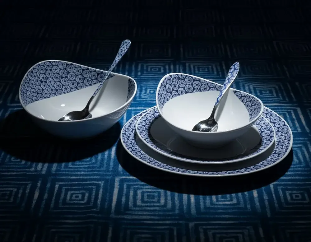 Gifts - Indigo Glow: Set of 6 customizable French porcelain oval plates with unique sun-inspired handcrafted motif - KEMI HOME ART