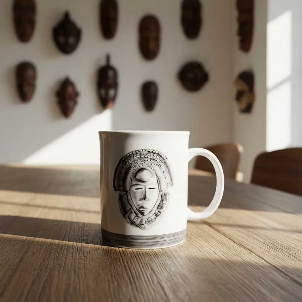 Gifts - Customizable Art Mug: Dan & Yacouba Masks - Unique French Porcelain - KEMI HOME ART