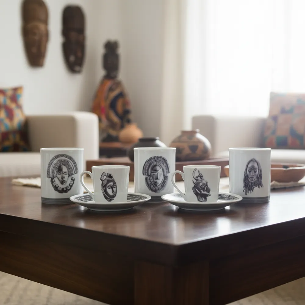 Gifts - Handcrafted French Porcelain Mug: Yacouba & Dan Masks - Fully Customizable Design - KEMI HOME ART