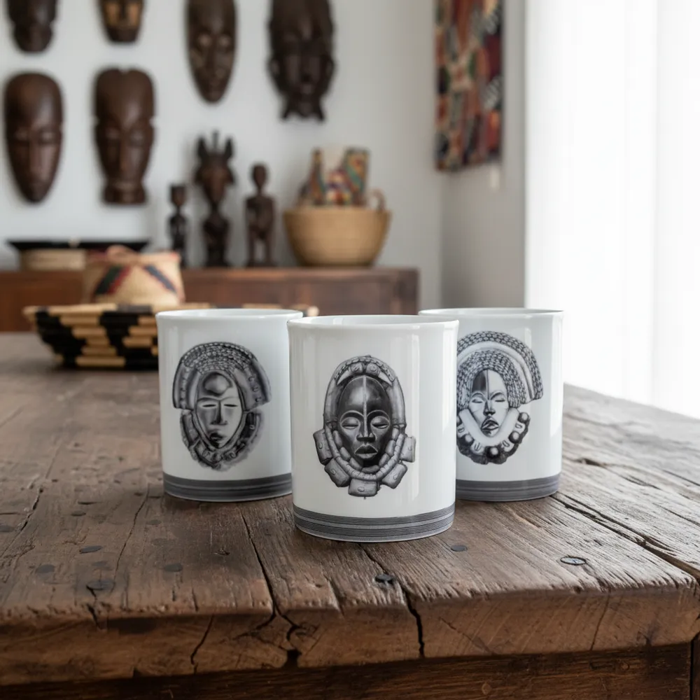 Gifts - Handcrafted French Porcelain Mug: Yacouba & Dan Masks - Fully Customizable Design - KEMI HOME ART