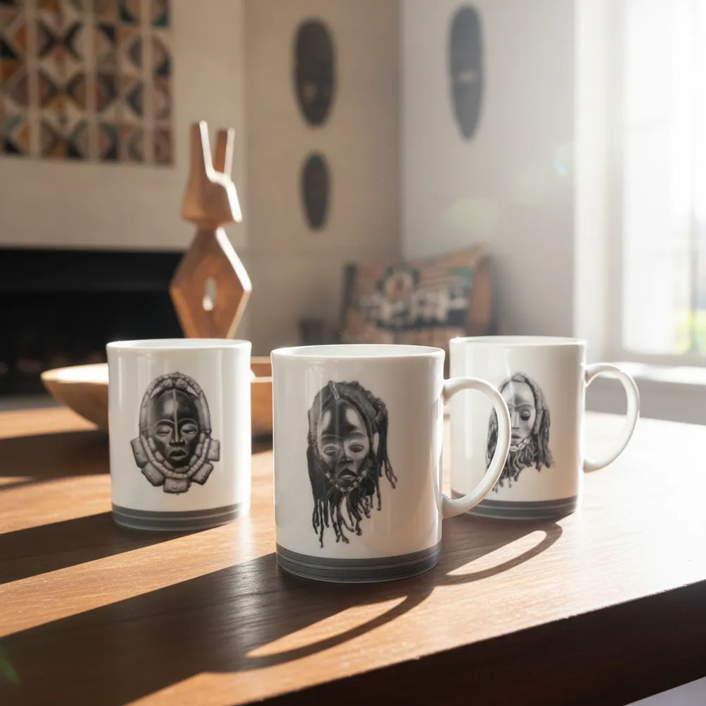 Gifts - Customizable Artisan Mug: Yacouba & Dan Masks on Fine French Porcelain - Unique African Elegance - KEMI HOME ART