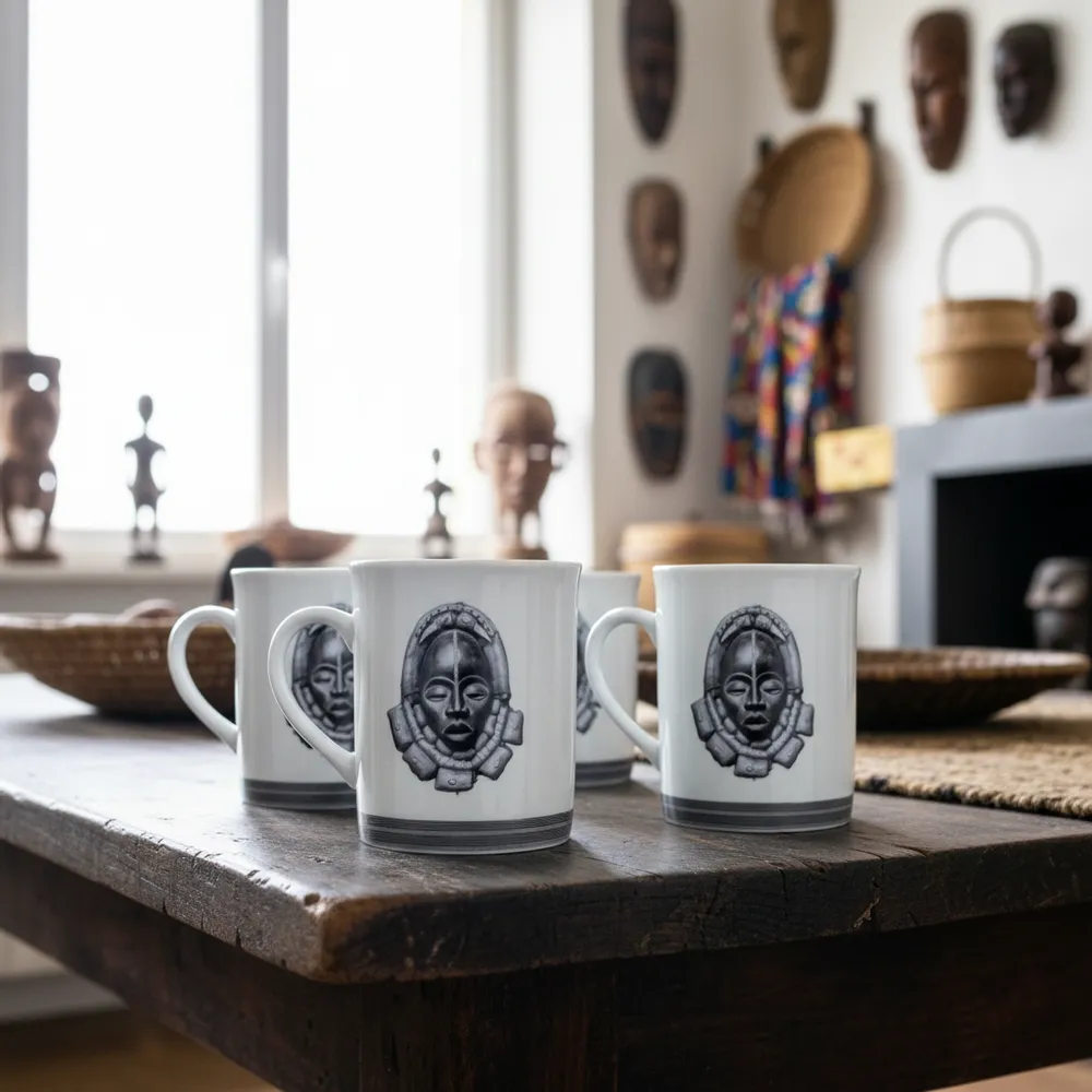 Gifts - Customizable Artisan Mug: Yacouba & Dan Masks on Fine French Porcelain - Unique African Elegance - KEMI HOME ART
