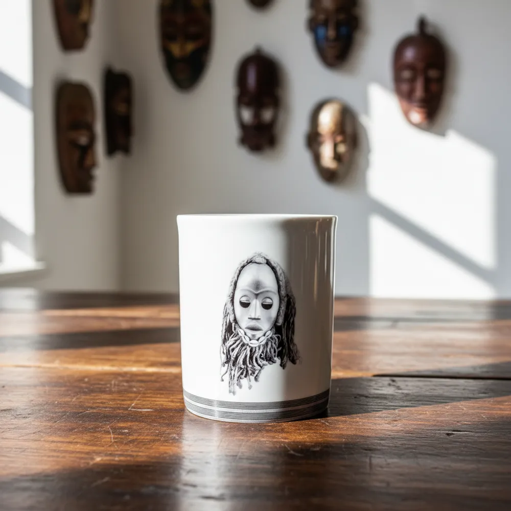 Gifts - Handcrafted French Porcelain Mug - Customizable Dan & Yacouba Masks - Unique Cultural Piece - KEMI HOME ART