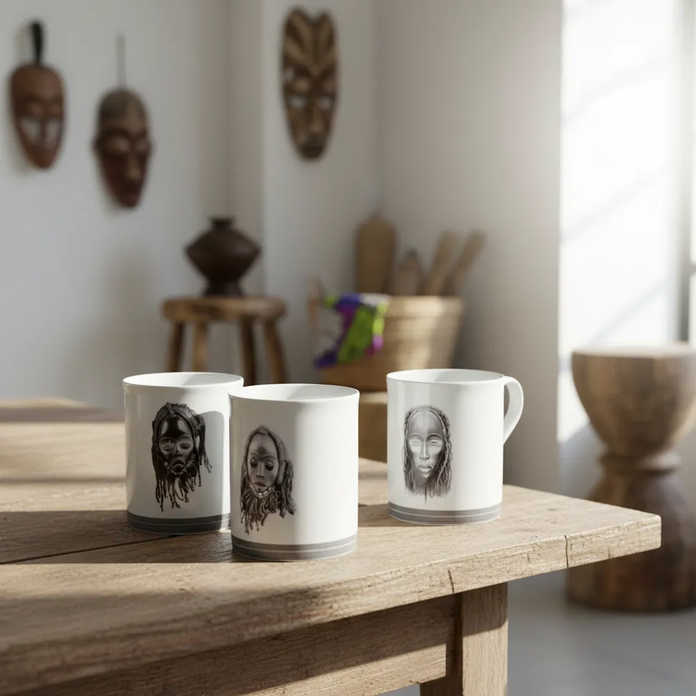 Gifts - Handcrafted French Porcelain Mug - Customizable Dan & Yacouba Masks - Unique Cultural Piece - KEMI HOME ART