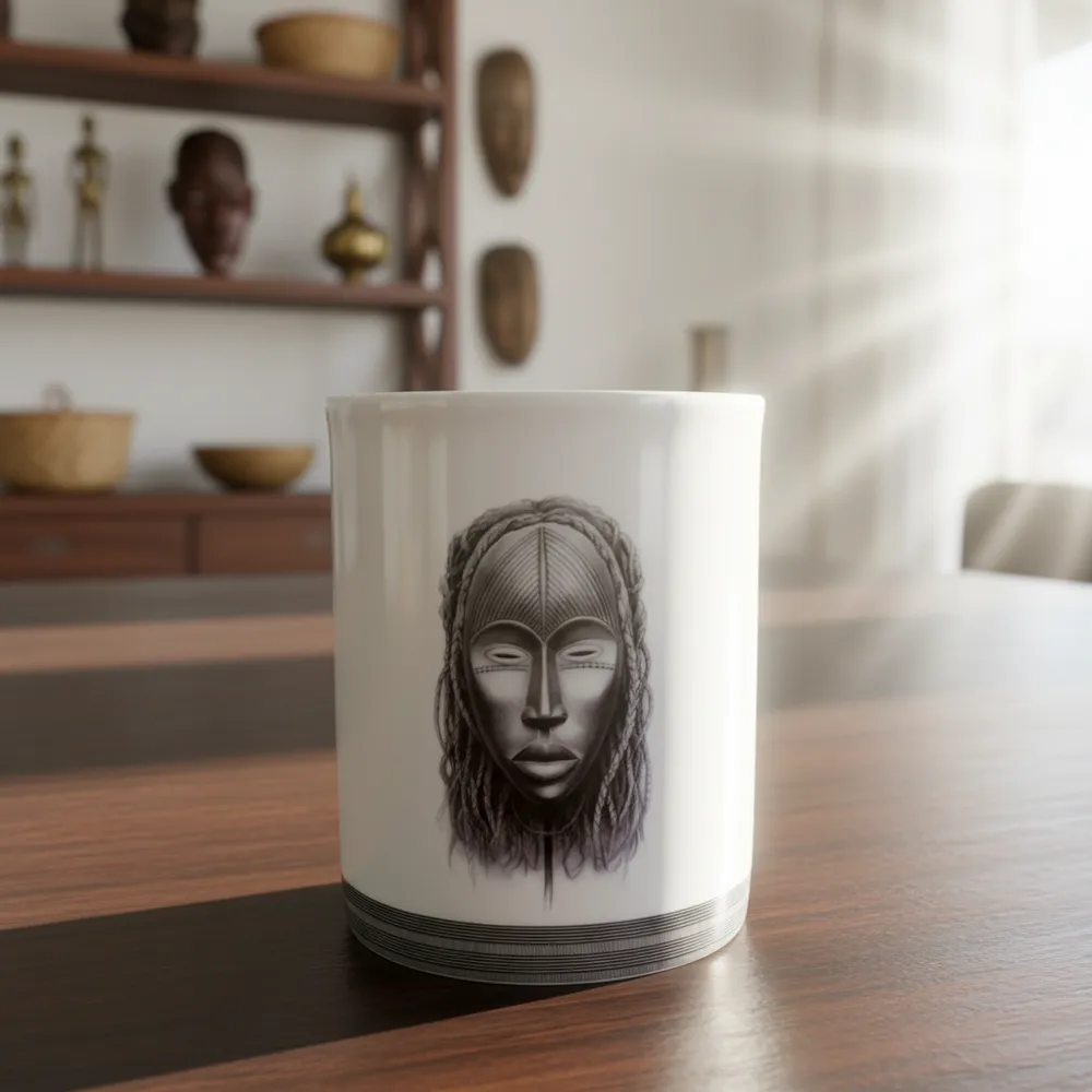 Gifts - Handcrafted Customizable French Porcelain Mug - Yacouba & Dan Masks, Unique Ivorian Elegance - KEMI HOME ART
