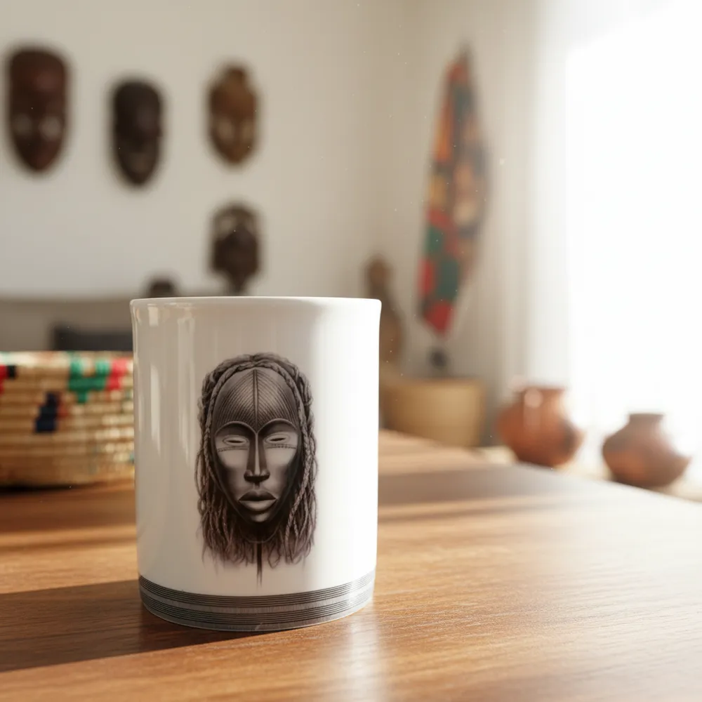 Gifts - Handcrafted Customizable French Porcelain Mug - Yacouba & Dan Masks, Unique Ivorian Elegance - KEMI HOME ART