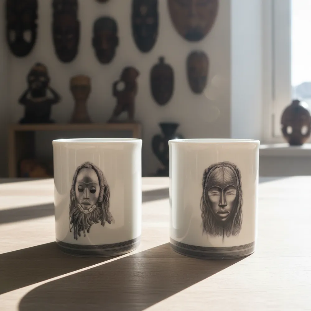 Gifts - Handcrafted Customizable French Porcelain Mug - Yacouba & Dan Masks, Unique Ivorian Elegance - KEMI HOME ART