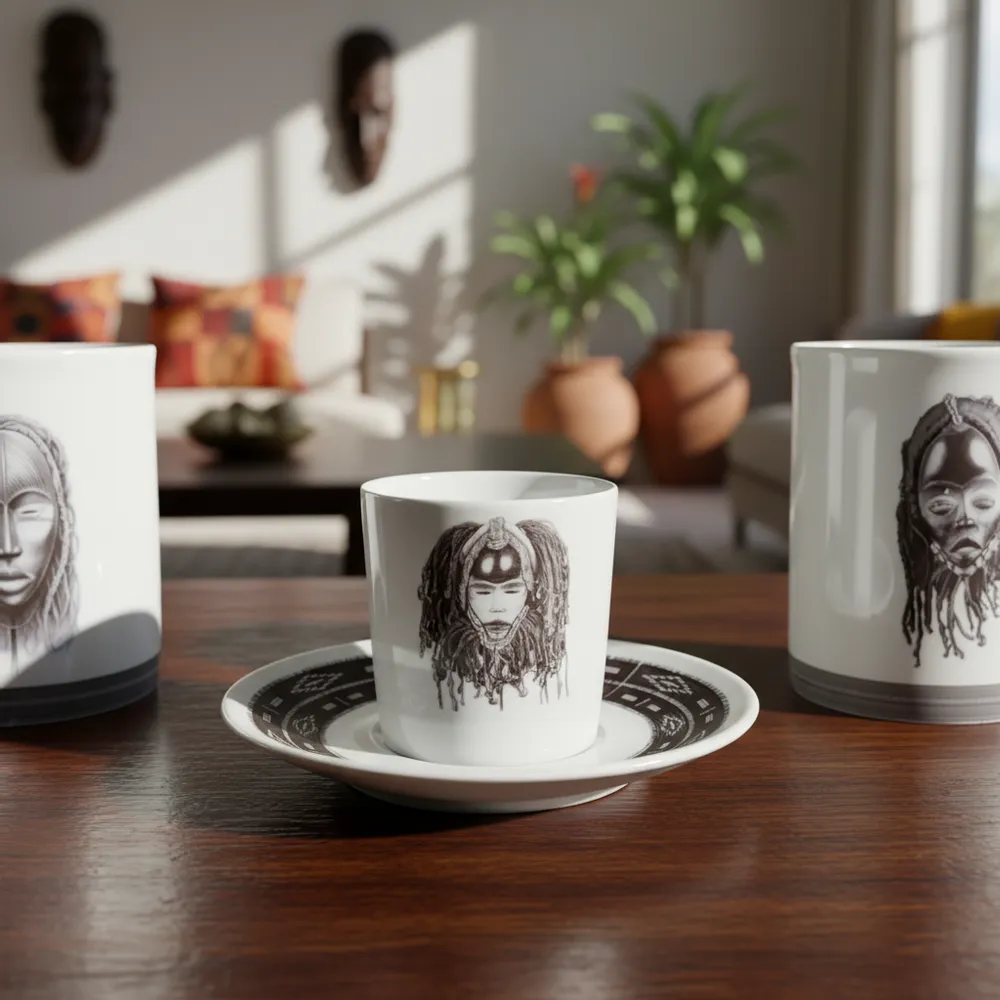 Gifts - Handcrafted French Porcelain Mug - Customizable Dan & Yacouba Masks - Unique Cultural Piece - KEMI HOME ART