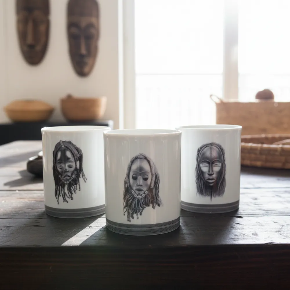 Gifts - Handcrafted French Porcelain Mug - Customizable Dan & Yacouba Masks - Unique Cultural Piece - KEMI HOME ART