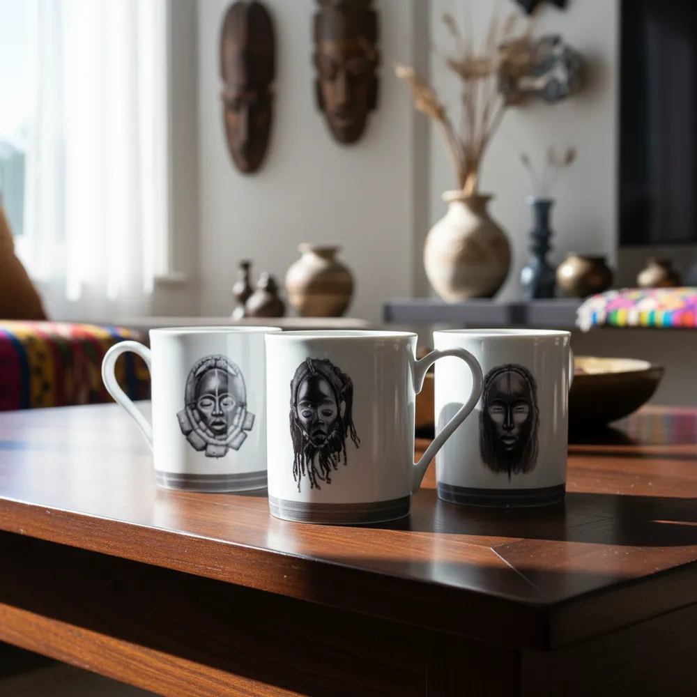 Gifts - Handcrafted French Porcelain Mug - Customizable Dan & Yacouba Masks - Unique Cultural Piece - KEMI HOME ART