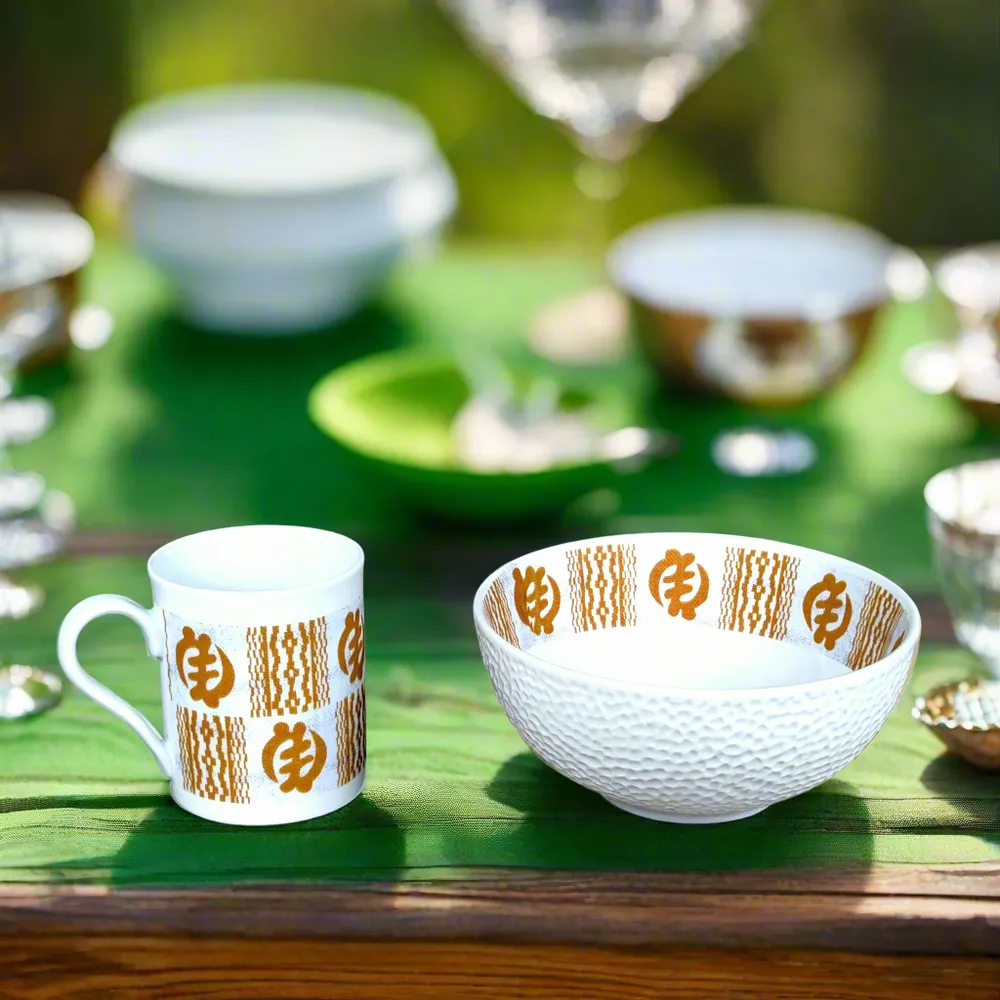 Cadeaux - Mug Adinkra Doré Personnalisable - Porcelaine Française Artisanale & Symboles Africains Uniques - KEMI HOME ART