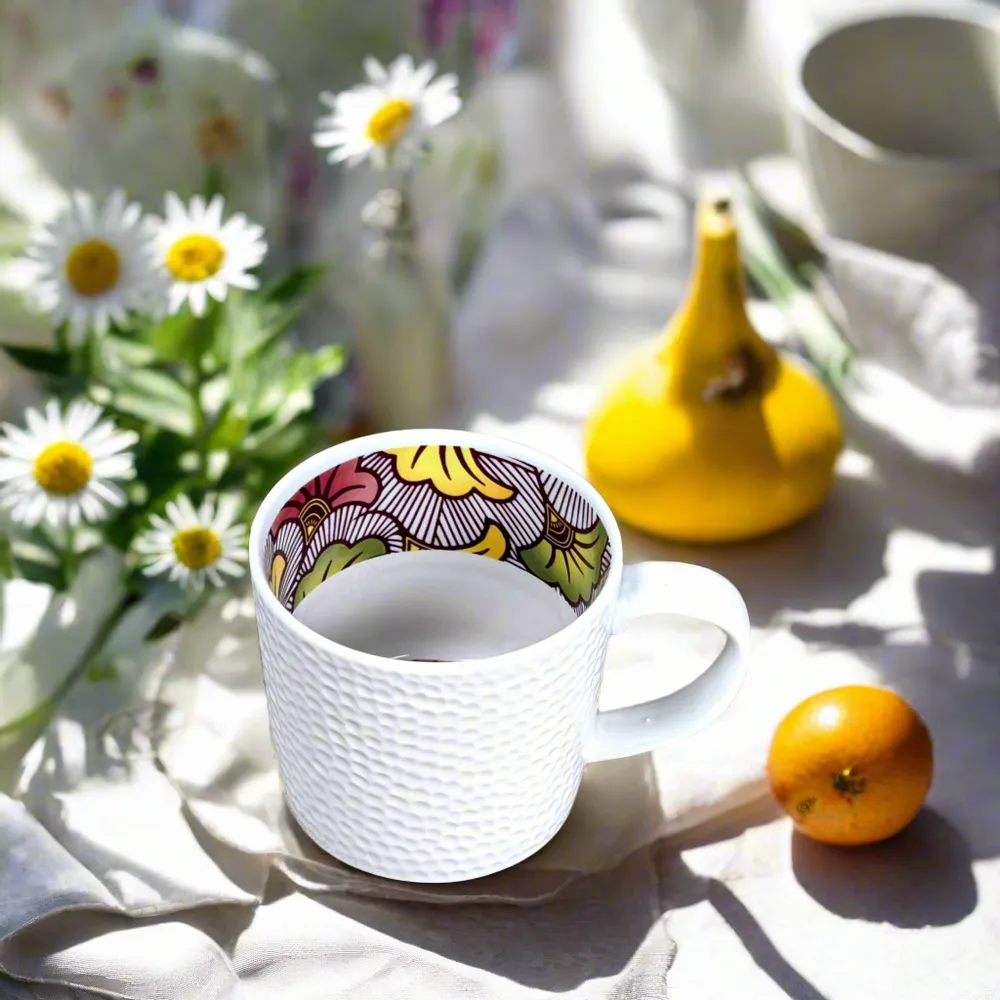 Gifts - Customizable Porcelain Mug - « Wedding Flowers » Wax Pattern in Vibrant Red Magenta - Unique French Craftsmanship - KEMI HOME ART