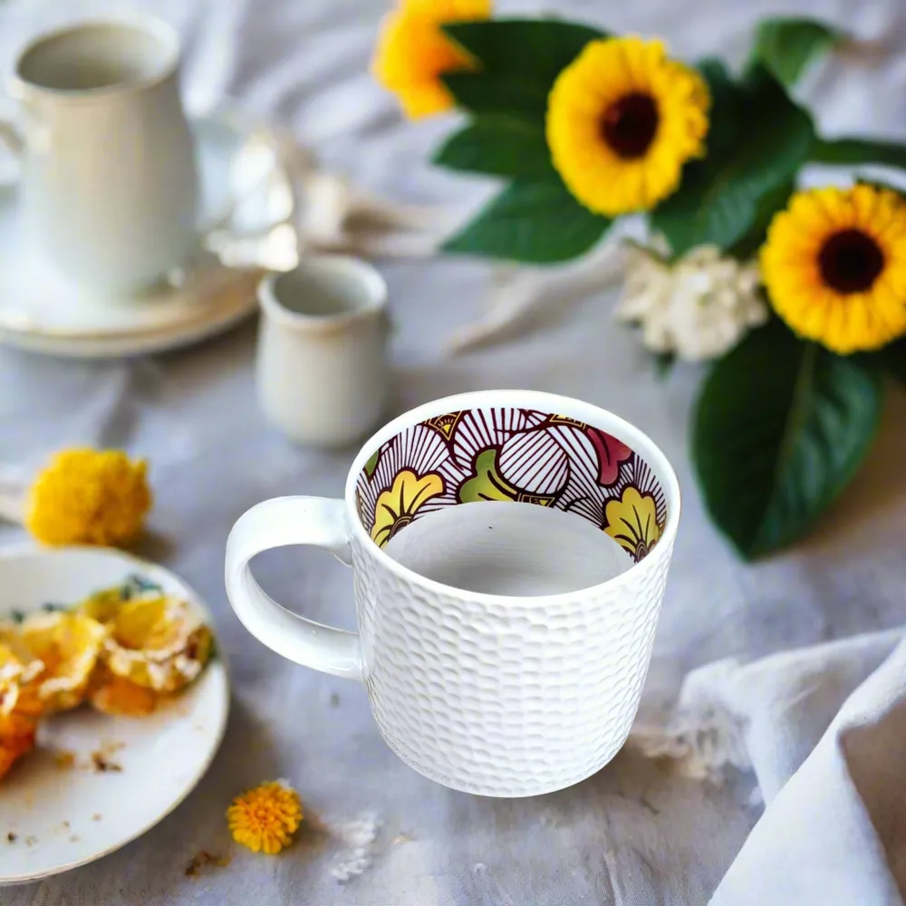 Gifts - Customizable Porcelain Mug - « Wedding Flowers » Wax Pattern in Vibrant Red Magenta - Unique French Craftsmanship - KEMI HOME ART