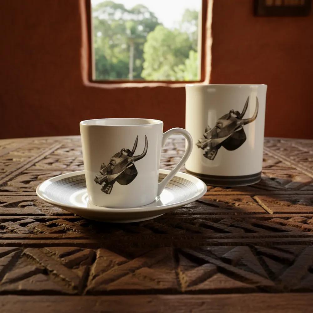 Gifts - Customizable Coffee Cup - Senoufo Waniugo Mask, French Craftsmanship & Ivorian Symbols - KEMI HOME ART