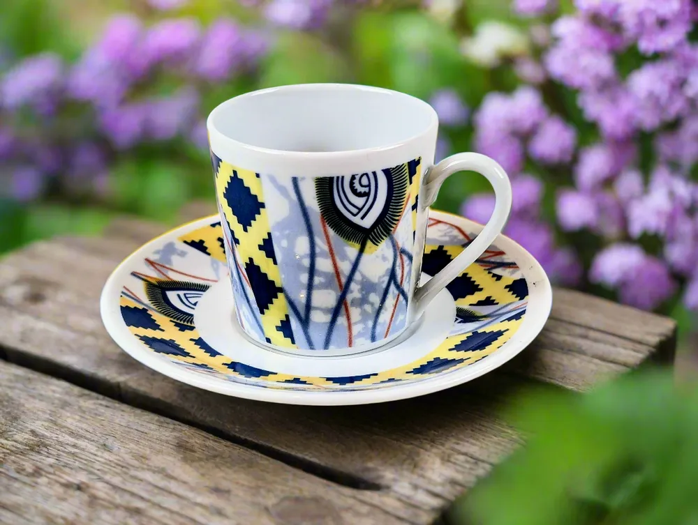 Gifts - Customizable Fine Porcelain Coffee Cup & Saucer - 'Protective Eye' WAX Pattern, Unique & Elegant - KEMI HOME ART