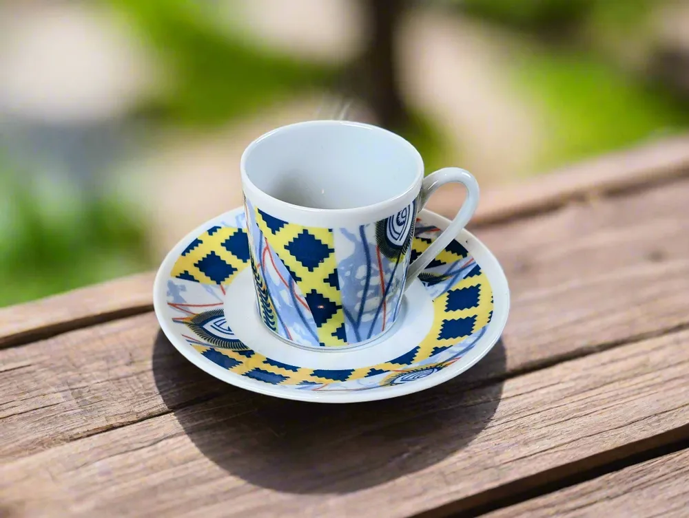 Gifts - Customizable Fine Porcelain Coffee Cup & Saucer - 'Protective Eye' WAX Pattern, Unique & Elegant - KEMI HOME ART