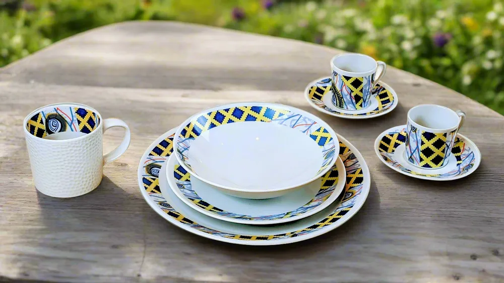 Gifts - Customizable Fine Porcelain Coffee Cup & Saucer - 'Protective Eye' WAX Pattern, Unique & Elegant - KEMI HOME ART