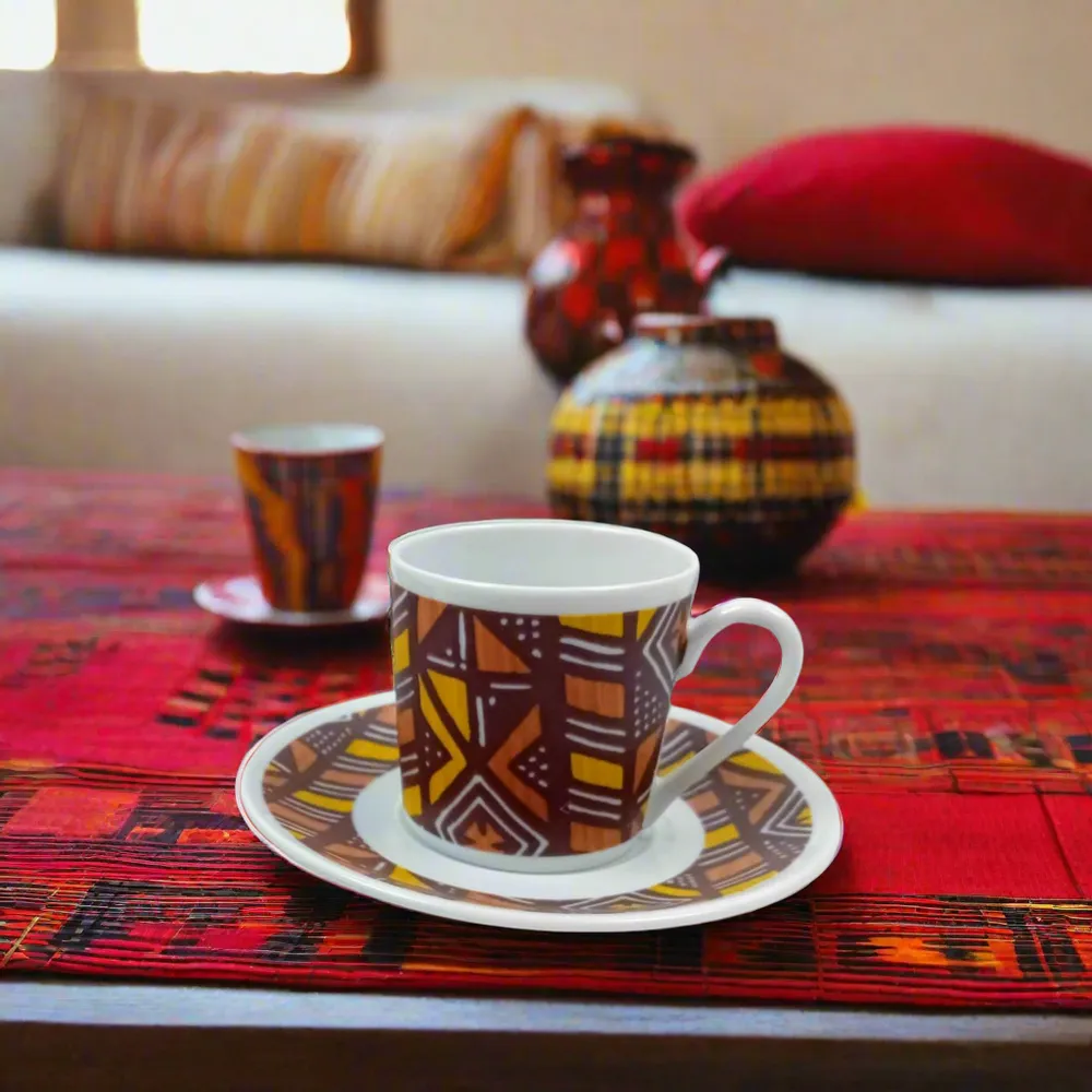 Gifts - Customizable Fine Porcelain Coffee Cup - Unique Handcrafted Bogolan Ethnic Pattern - KEMI HOME ART
