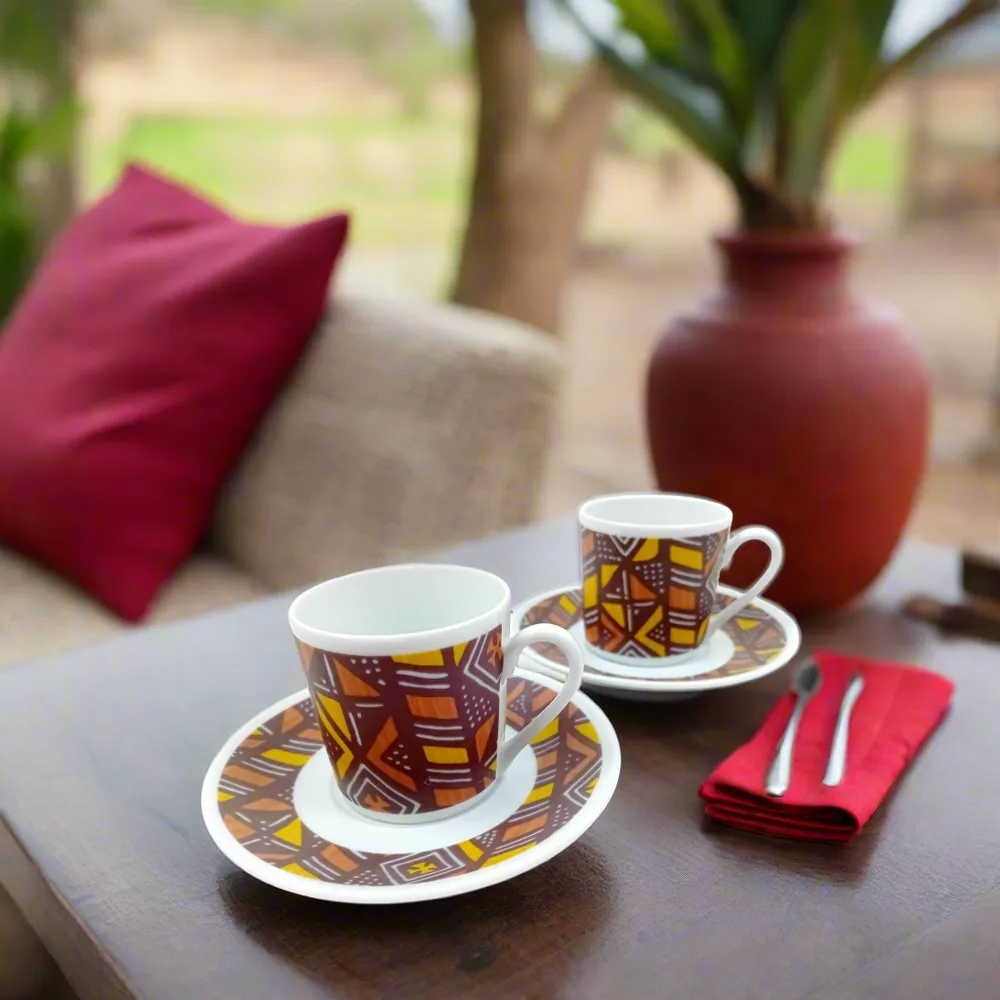 Gifts - Customizable Fine Porcelain Coffee Cup - Unique Handcrafted Bogolan Ethnic Pattern - KEMI HOME ART