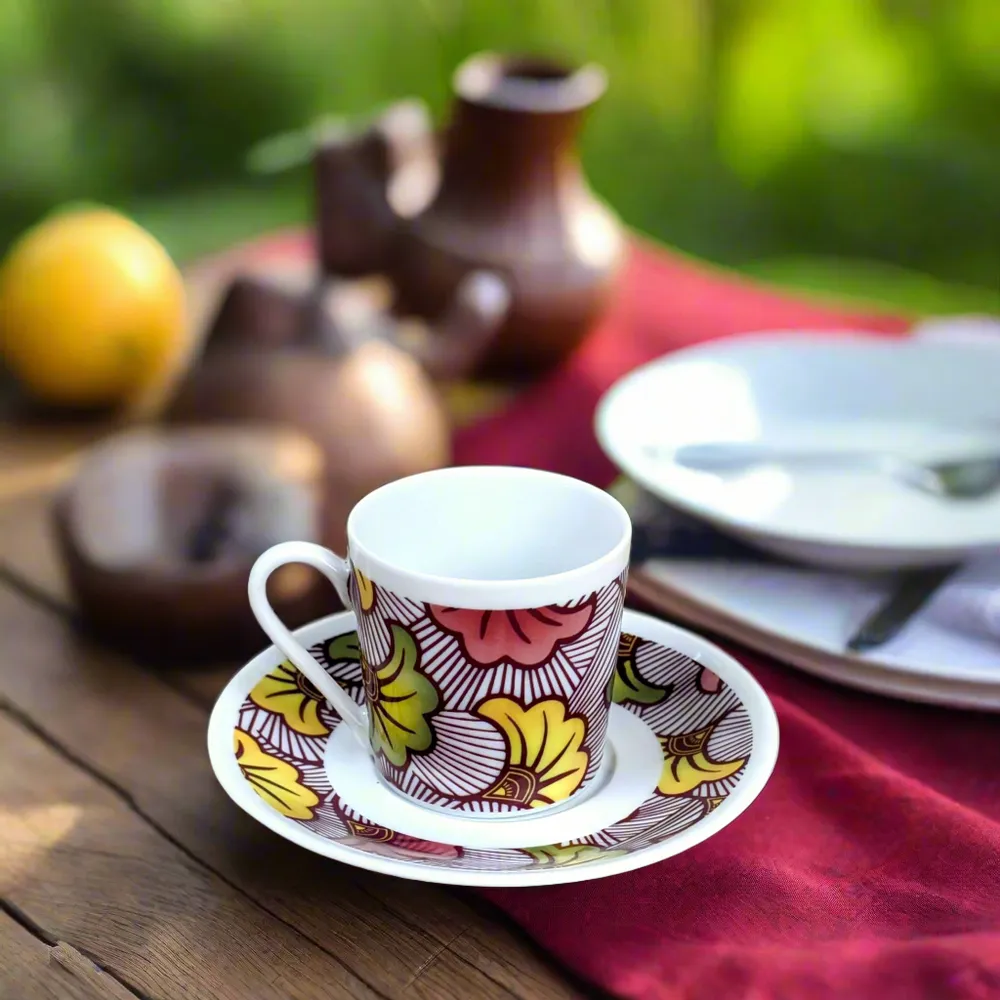 Gifts - Awaken your senses with this customizable fine porcelain coffee cup, 'Wedding Flowers' WAX pattern – A vibrant tribute to love and African tradition - KEMI HOME ART