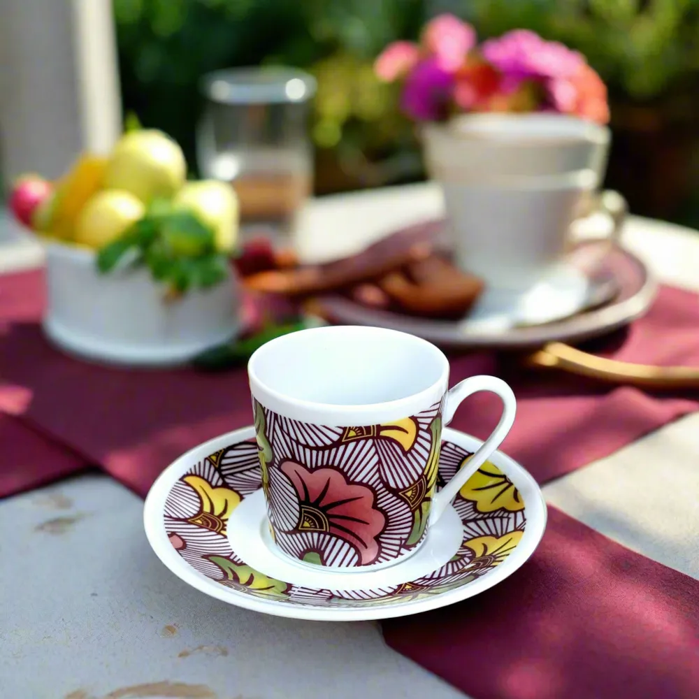 Gifts - Awaken your senses with this customizable fine porcelain coffee cup, 'Wedding Flowers' WAX pattern – A vibrant tribute to love and African tradition - KEMI HOME ART