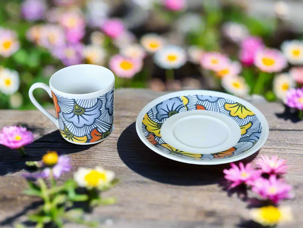 Gifts - Wedding Blossom: Customizable Porcelain Coffee Cup & Saucer - Unique Wax Hibiscus Flower Pattern - KEMI HOME ART