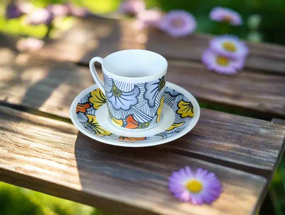 Gifts - Wedding Blossom: Customizable Porcelain Coffee Cup & Saucer - Unique Wax Hibiscus Flower Pattern - KEMI HOME ART