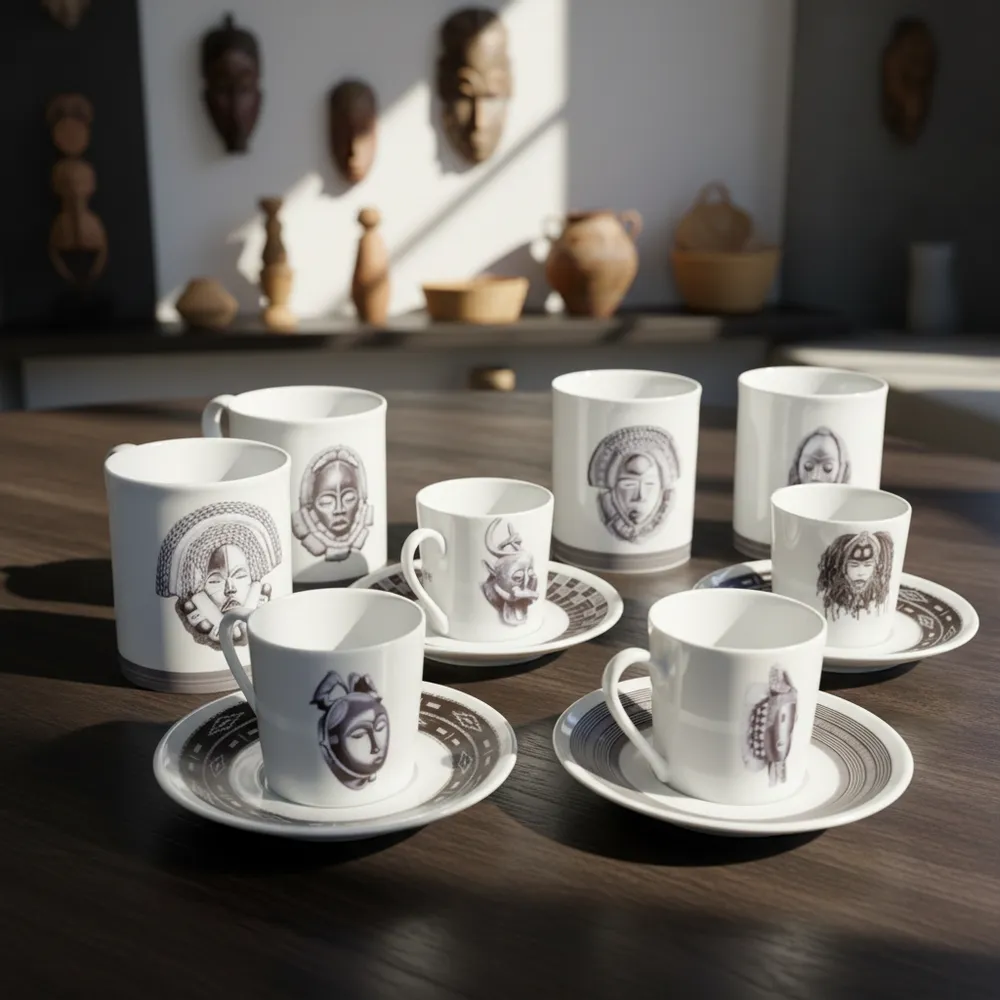 Cadeaux - Tasse à café personnalisable : Art Baoulé en porcelaine fine, motif africain unique et élégant - KEMI HOME ART