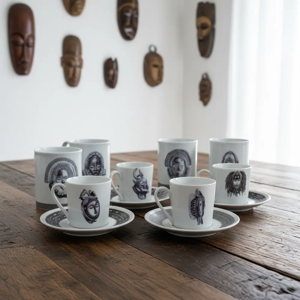 Cadeaux - Tasse à café personnalisable : Art Baoulé en porcelaine fine, motif africain unique et élégant - KEMI HOME ART