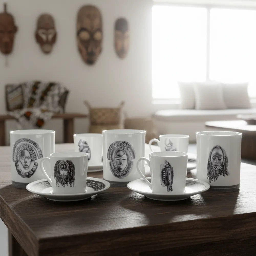 Gifts - Customizable fine porcelain coffee cup: Yacouba & Dan masks, unique Ivorian art made to order - KEMI HOME ART