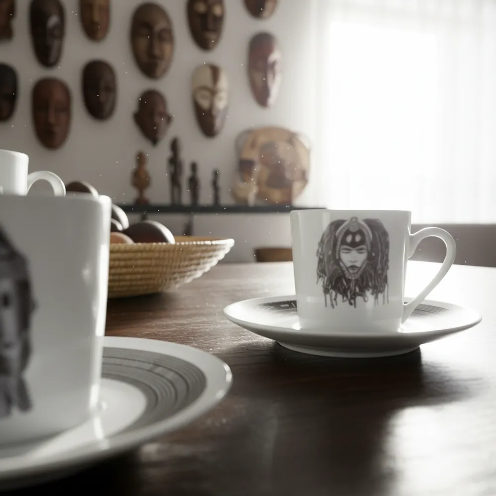 Gifts - Customizable fine porcelain coffee cup: Yacouba & Dan masks, unique Ivorian art made to order - KEMI HOME ART