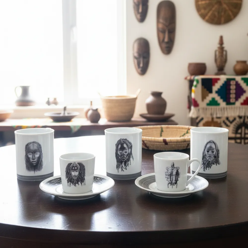Gifts - Customizable fine porcelain coffee cup: Yacouba & Dan masks, unique Ivorian art made to order - KEMI HOME ART