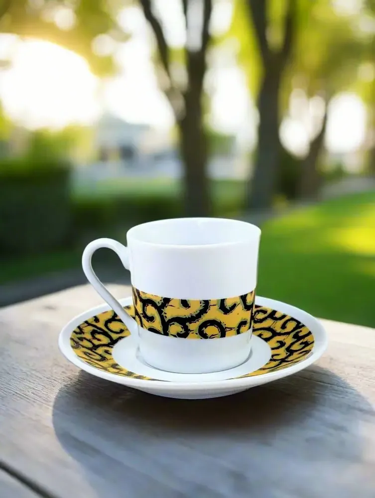 Gifts - Customizable WAX Coffee Cup & Saucer - 'Macaroni' Yellow Pattern, Fine French Porcelain Made to Order - KEMI HOME ART