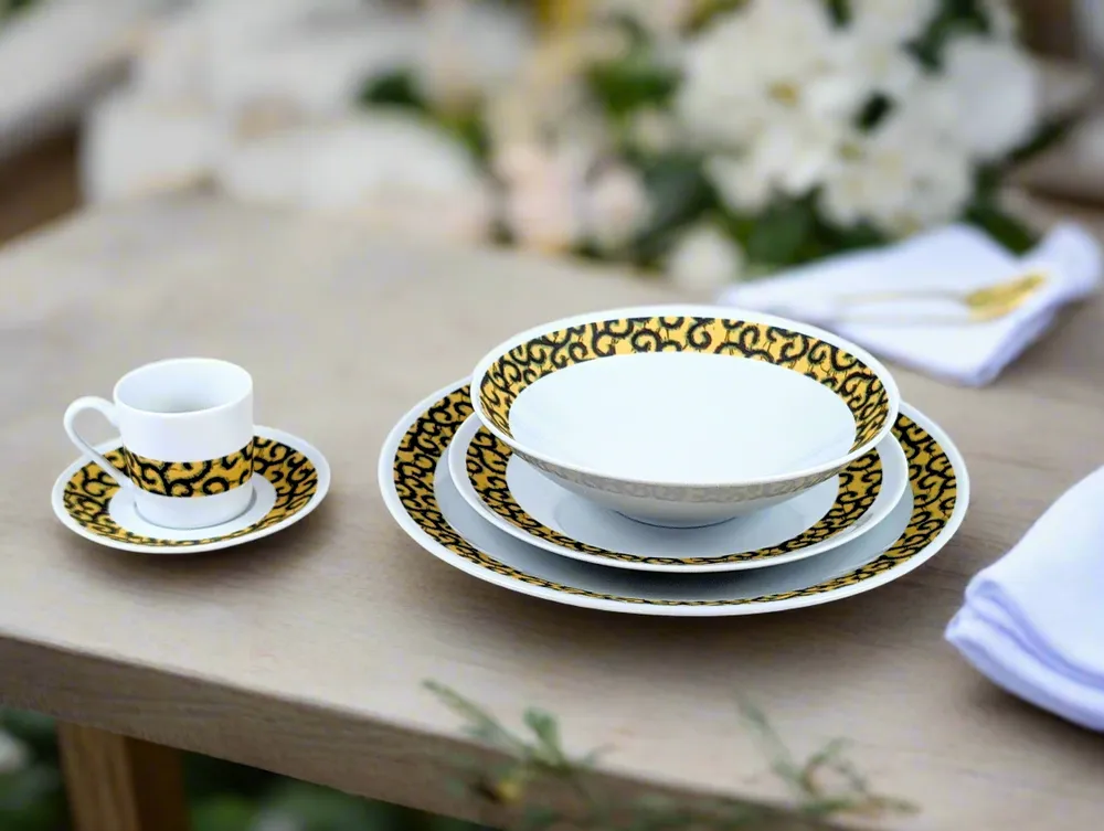 Gifts - Customizable WAX Coffee Cup & Saucer - 'Macaroni' Yellow Pattern, Fine French Porcelain Made to Order - KEMI HOME ART